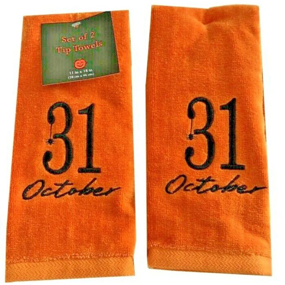 Halloween Fingertip Towels Cute 31 October Embroidered Orange Spider Set of 2